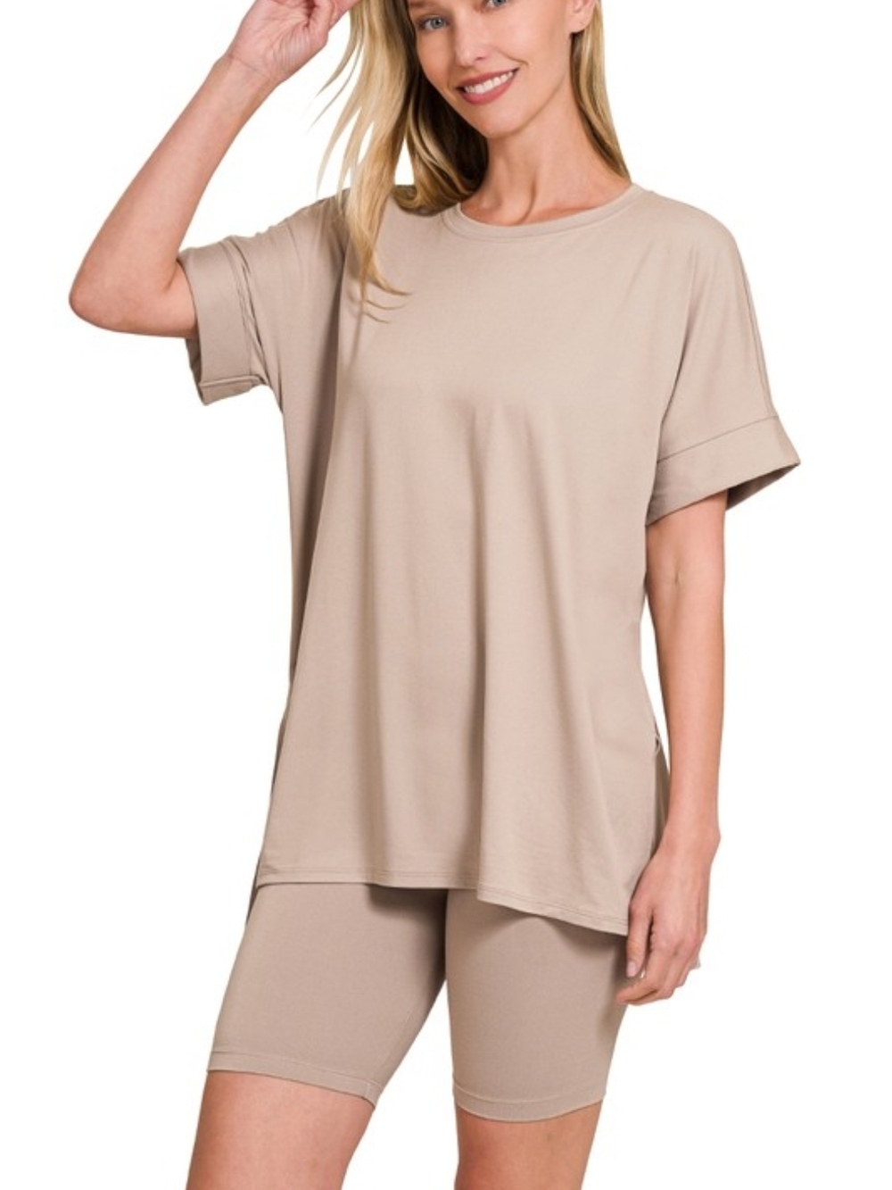 Soft beige relaxed short sleeve tee with a crew neckline & matching biker shorts